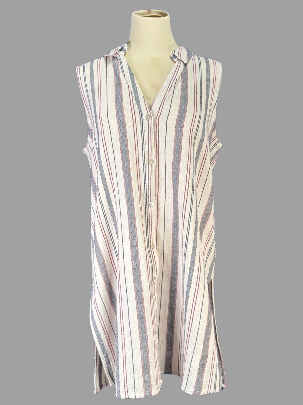 Sigrid Olsen Collared Striped Sleeveless Shirt Dress with Side Slits Size M
